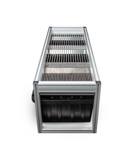 EZTrim Bud Sorter Mini with stainless steel trays and black collection bins, side view, white background.