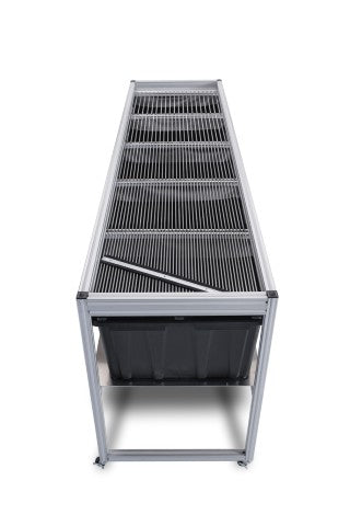 Sleek bud sorter with tiered aluminum racks over black bins, designed for efficiency.