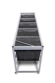 Sleek bud sorter with tiered aluminum racks over black bins, designed for efficiency.