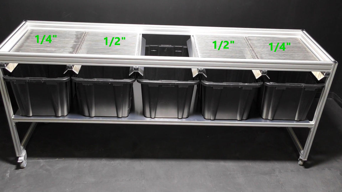 Metal rack with five black bins below, and slatted trays above labeled "1/4" and "1/2"".