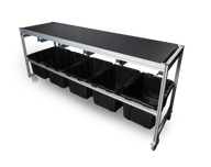 A rolling cart with a black tabletop holds five black plastic bins.