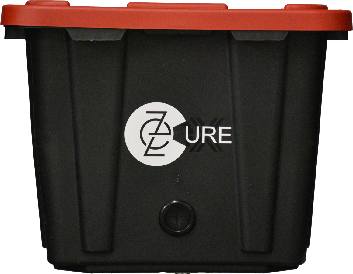 Black storage bin with red lid, featuring a white circle logo with "EZCURE" text.