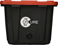 Black storage bin with red lid, featuring a white circle logo with 
