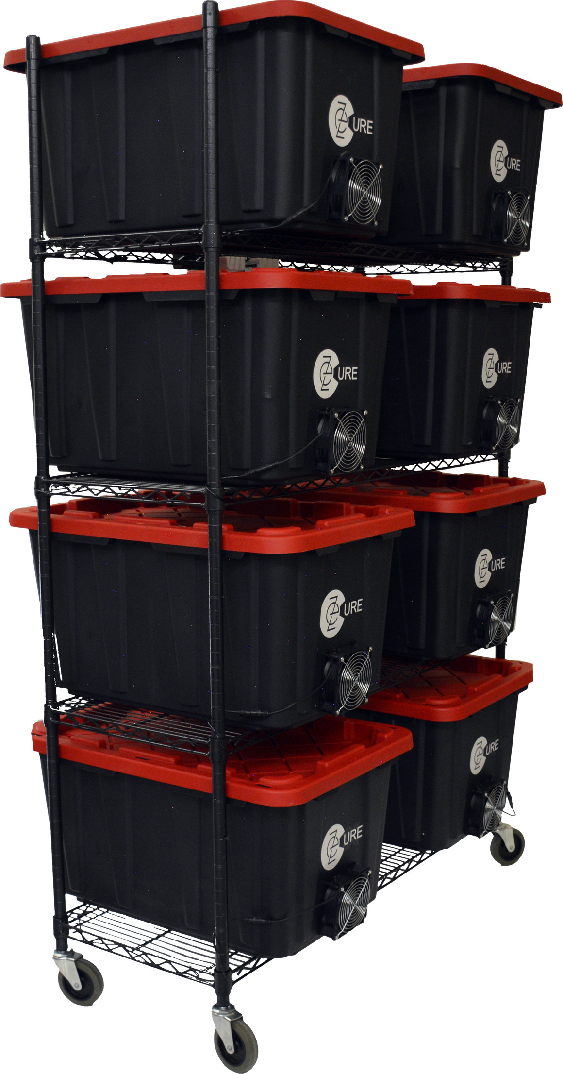 Black EZTrim EZCure tubs with red lids, stacked on a rolling rack, each tub has a fan.