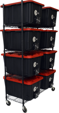 Black EZTrim EZCure tubs with red lids, stacked on a rolling rack, each tub has a fan.