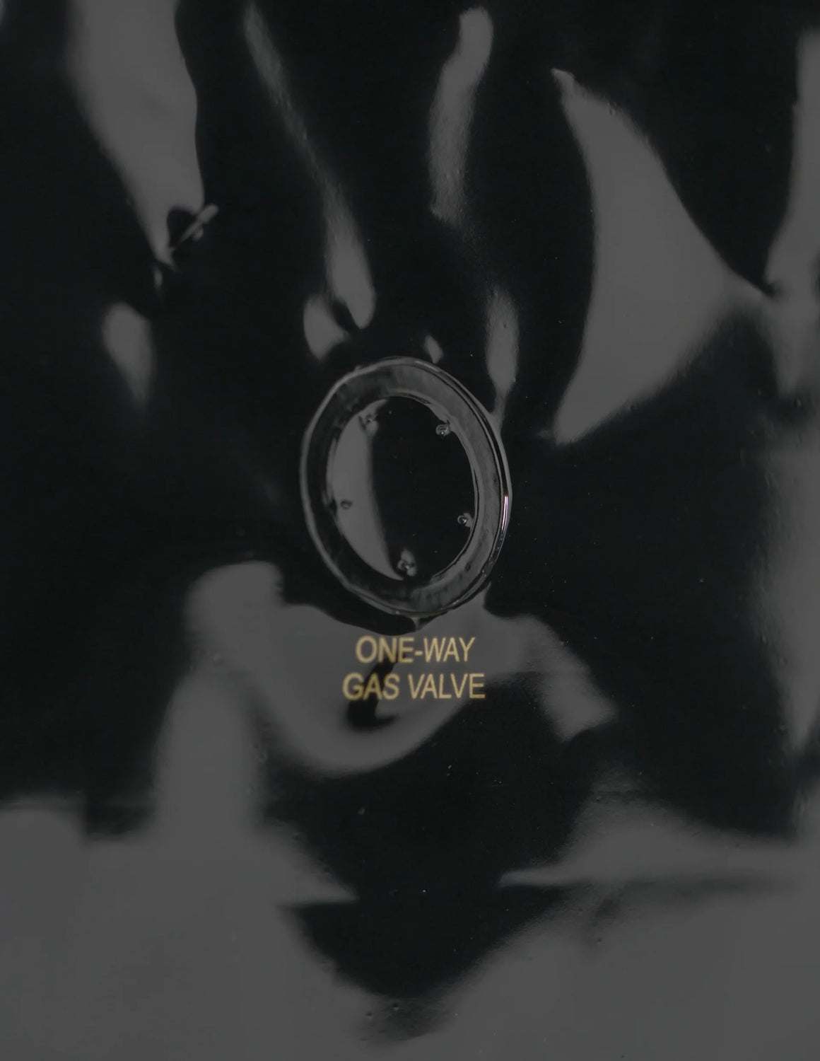 Close-up of a black one-way gas valve on a shiny surface. Text reads "ONE-WAY GAS VALVE".