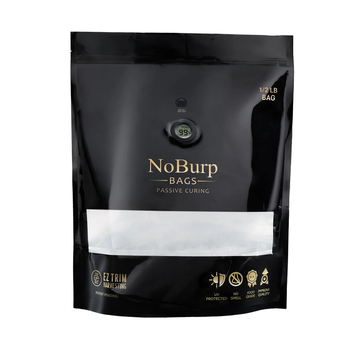 Black NoBurp passive curing bag with built-in thermometer, one-way valve, and EZ Trim Harvesting logo.