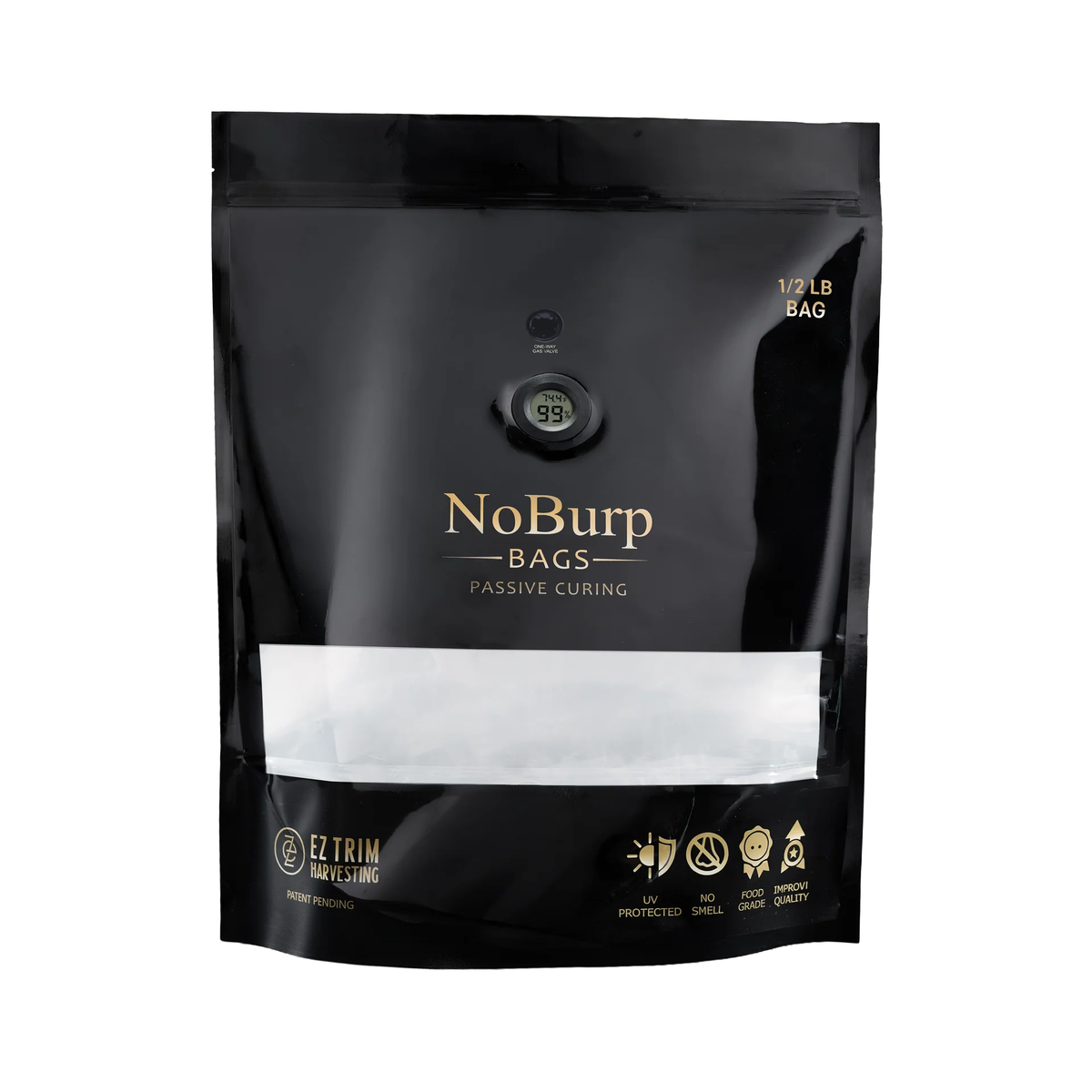 Black NoBurp passive curing bag with built-in thermometer, one-way valve, and EZ Trim Harvesting logo.
