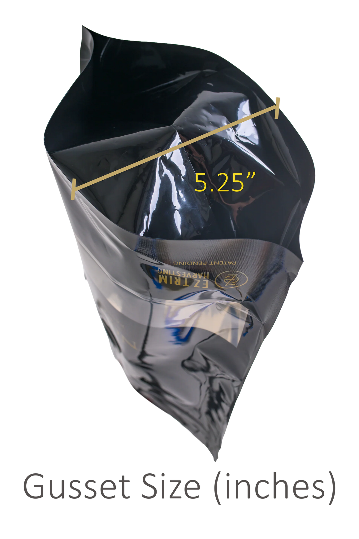 Black bag with gusset size indicated as 5.25 inches.