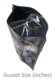 Black bag with gusset size indicated as 5.25 inches.
