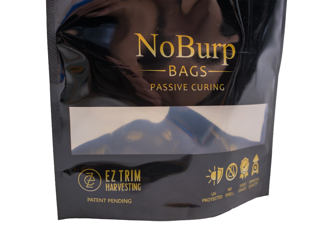 Black NoBurp Bags pouch with clear window, EZ Trim Harvesting logo, and icons for UV protection, no smell, and food-grade quality.