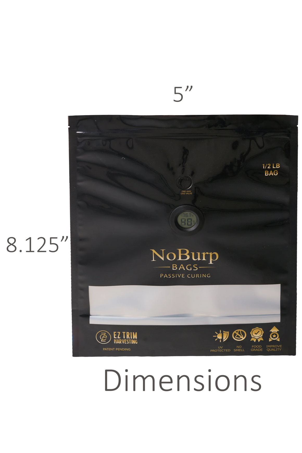 Black 1/2 lb NoBurp bag for passive curing with a clear window, temperature/humidity gauge, and EZ Trim logo.
