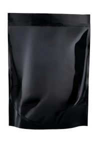 Shiny black resealable pouch with zip closure, isolated on black background.