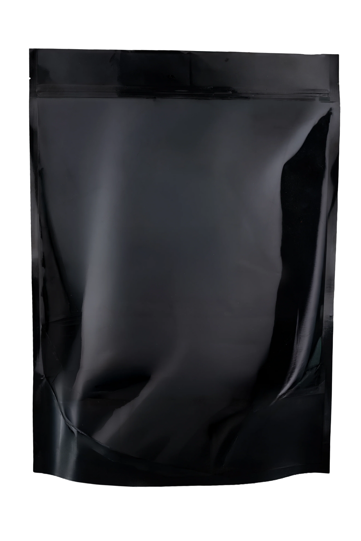 Black resealable bag for cannabis packaging, with a plain, shiny surface and black zipper closure.