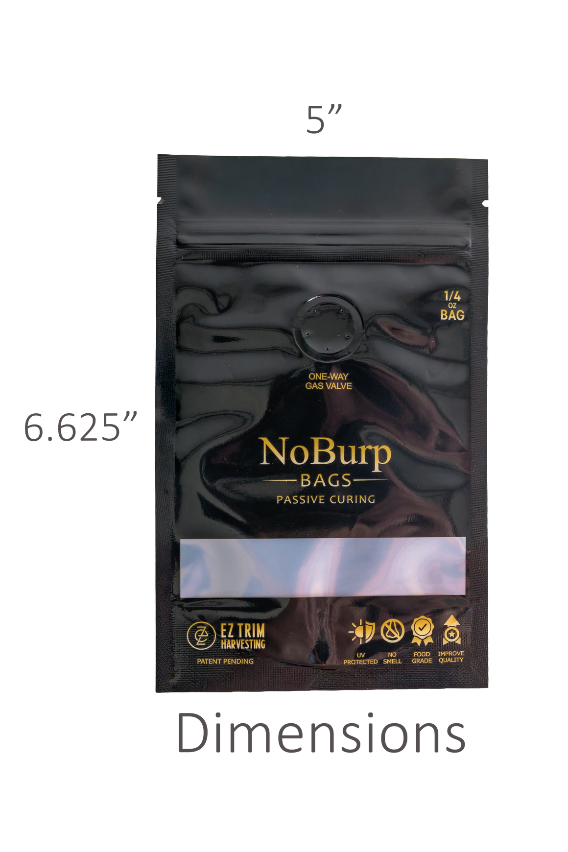Black 1/4 oz NoBurp bag for passive curing, featuring a one-way gas valve, clear window, and EZ Trim Harvesting branding.