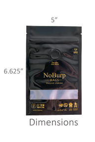Black 1/4 oz NoBurp bag for passive curing, featuring a one-way gas valve, clear window, and EZ Trim Harvesting branding.