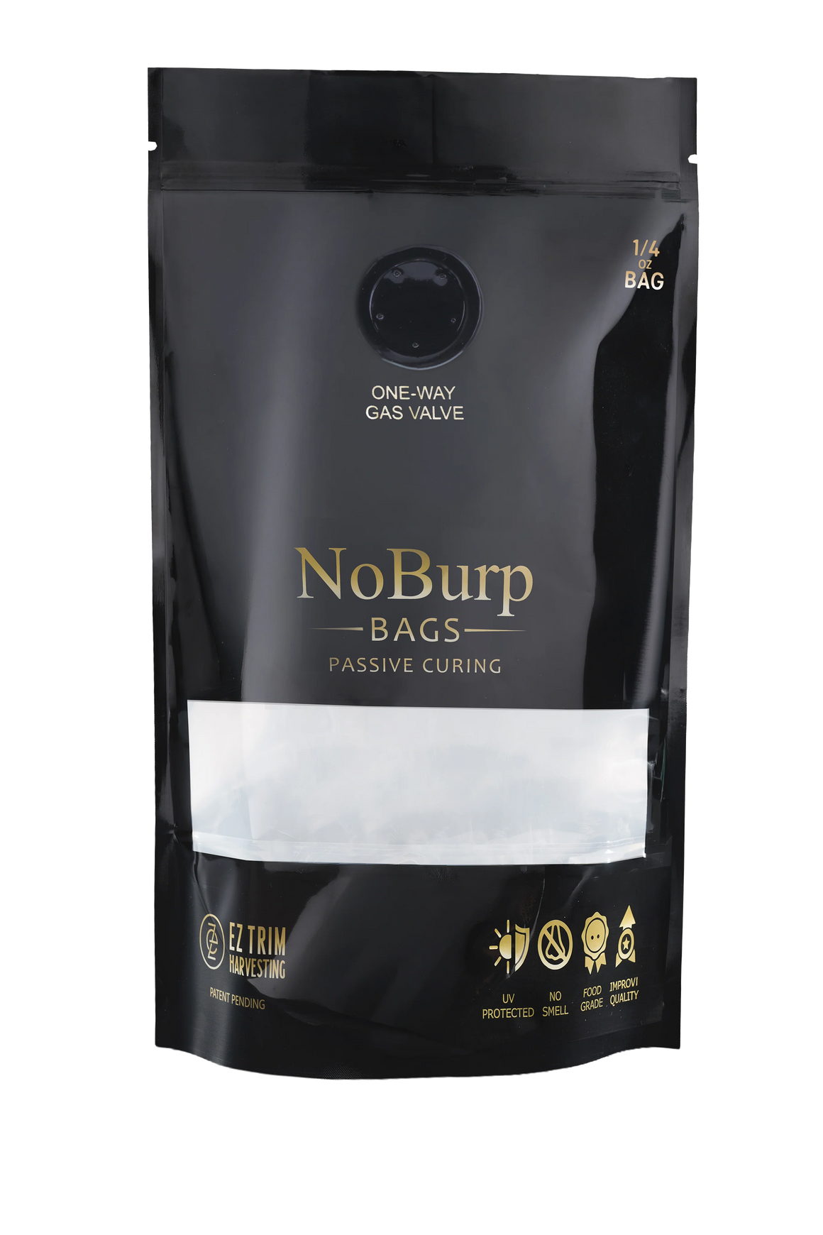 Gold "NoBurp Bags" and "Passive Curing" on a black stand-up pouch with a clear window.
