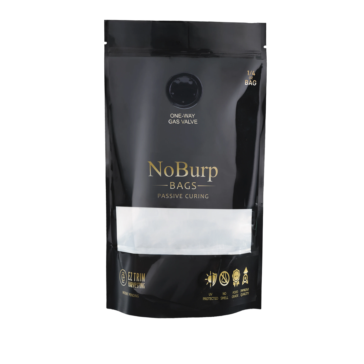 Gold "NoBurp Bags" and "Passive Curing" on a black stand-up pouch with a clear window.