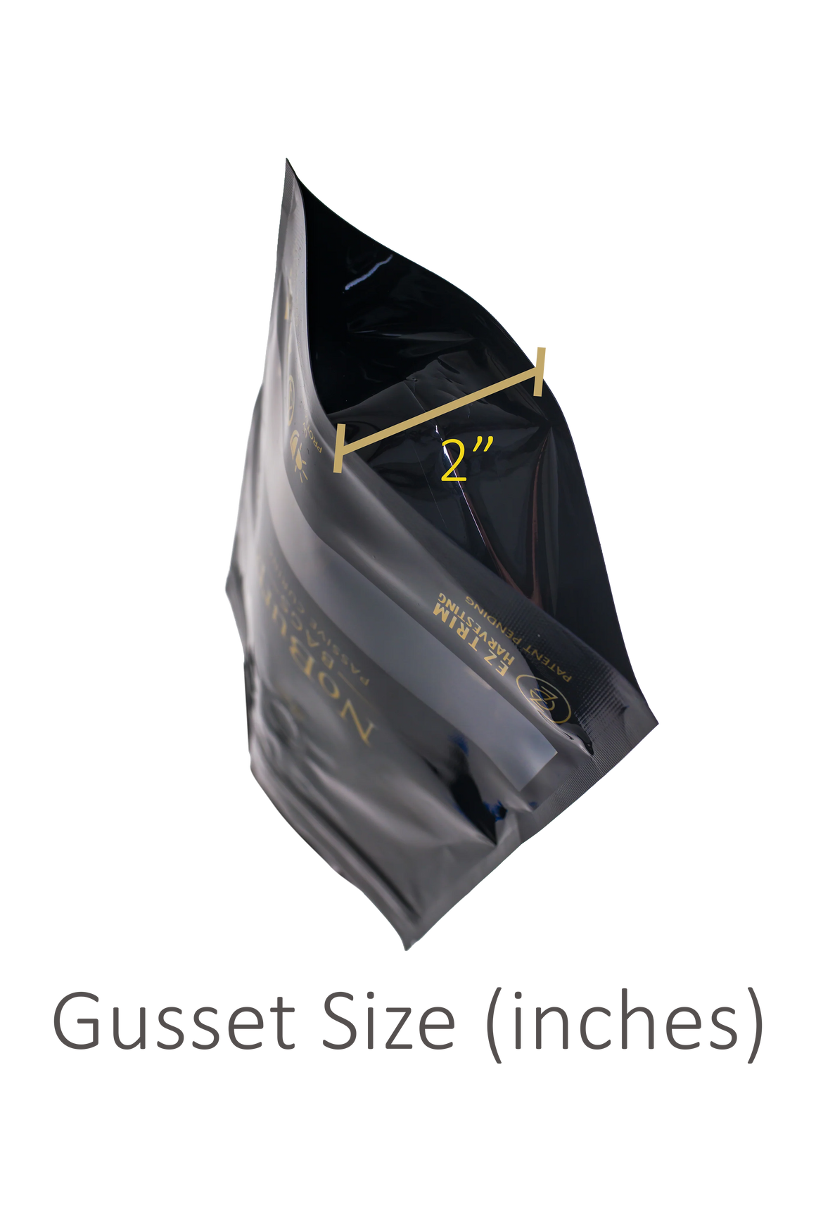 A close-up image shows a "2 inch" measurement overlaid on a black bag. The bag has gold text that reads "EZ TRIM", "NOBURP", and "PASSIVE CURE".