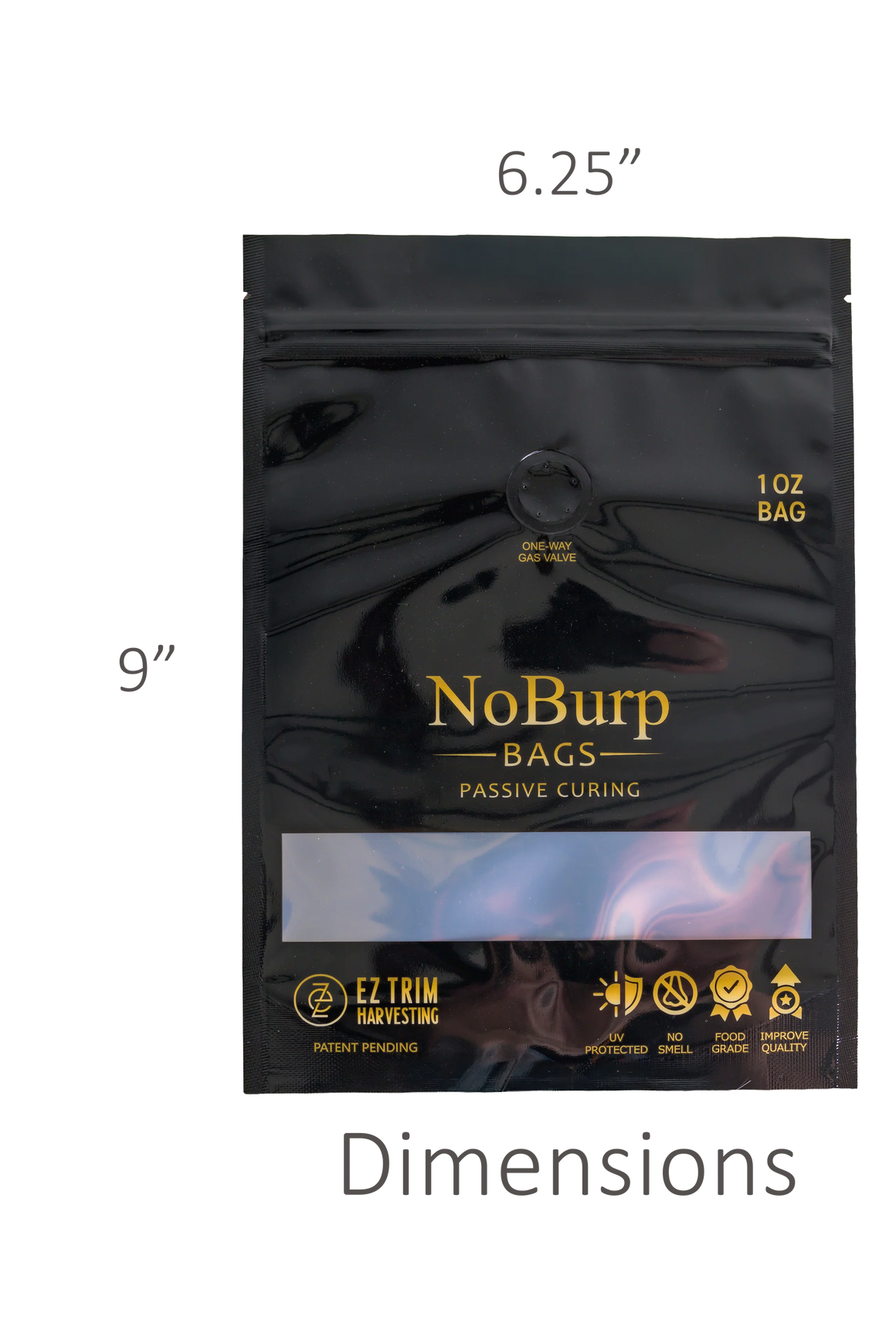 Black 1 oz NoBurp resealable bag for passive curing. 6.25" x 9". Features a one-way gas valve and icons for UV protection, no smell, food grade, and quality.