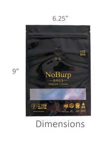 Black 1 oz NoBurp resealable bag for passive curing. 6.25