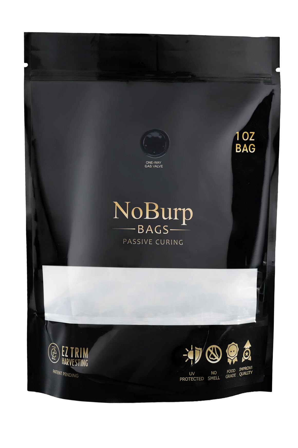 Black resealable 1 oz NoBurp bag for passive curing, featuring a one-way gas valve and UV protection.