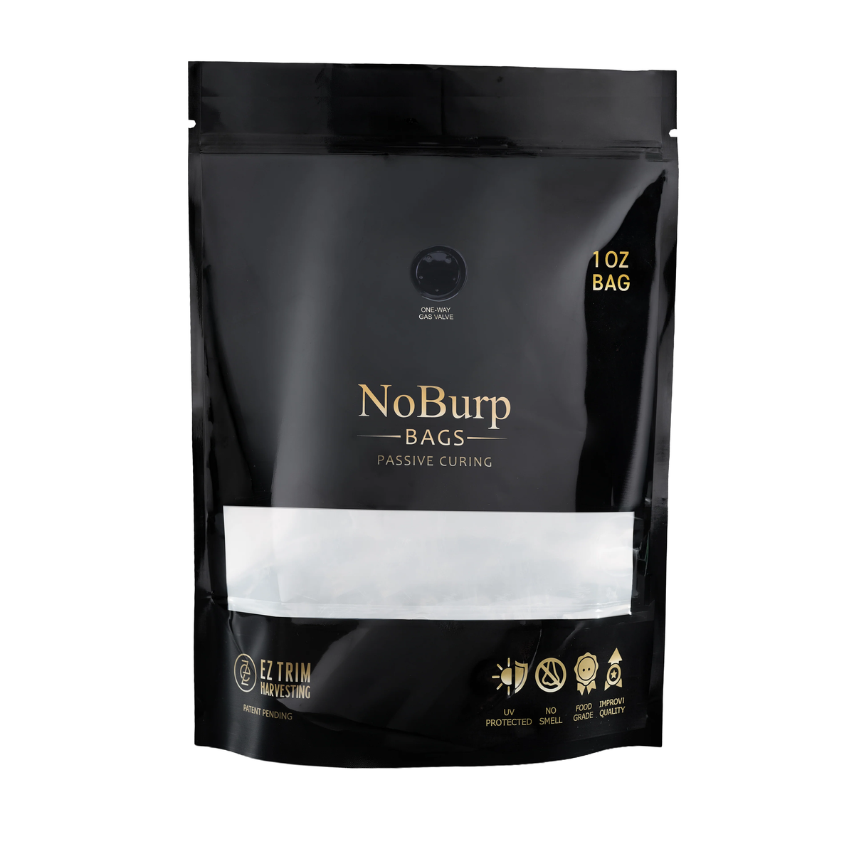 Black resealable 1 oz NoBurp bag for passive curing, featuring a one-way gas valve and UV protection.