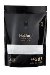 Black resealable 1 oz NoBurp bag for passive curing, featuring a one-way gas valve and UV protection.