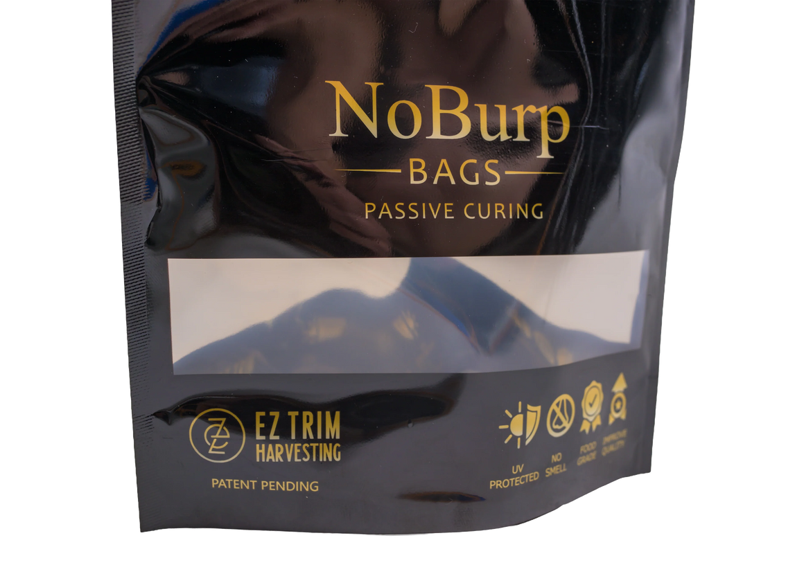 Gold "NoBurp BAGS passive curing" on black pouch with icons: UV, no smell, food grade.
