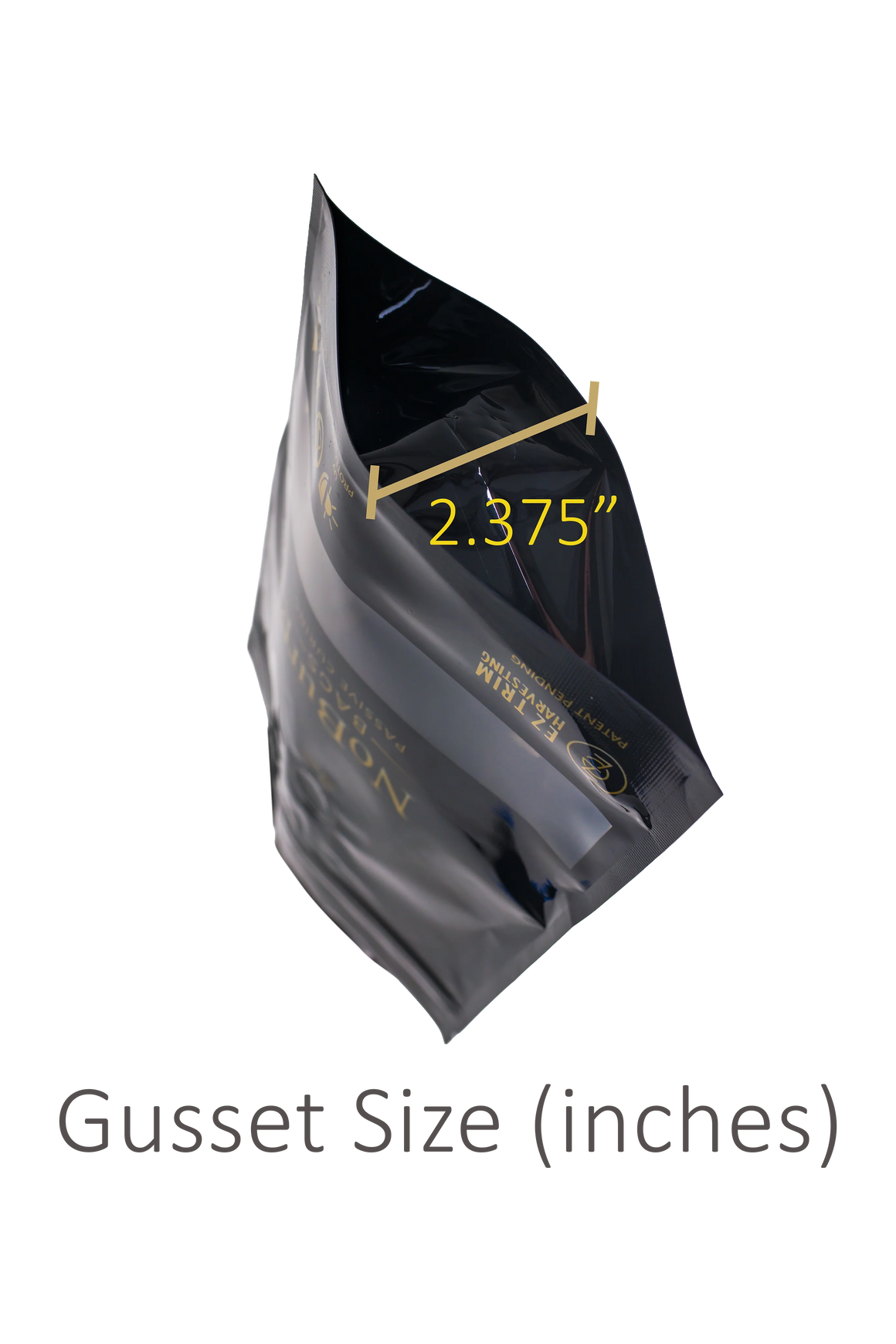 A close-up of an openEZTrim NoBurp bag with a gusset measuring 2.375 inches.