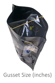 A gusseted stand-up pouch is shown with a gold line and 
