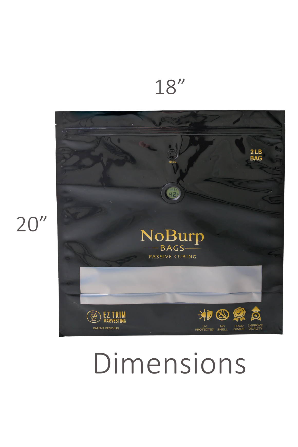 Black 2lb NoBurp bags with a clear window, temperature gauge, and "EZ Trim Harvesting" logo. 18" x 20".