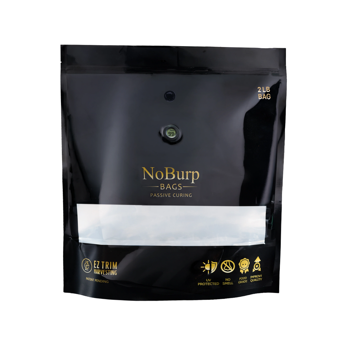 Black 2lb NoBurp Bags with gold lettering, featuring passive curing, humidity control, and quality certifications.
