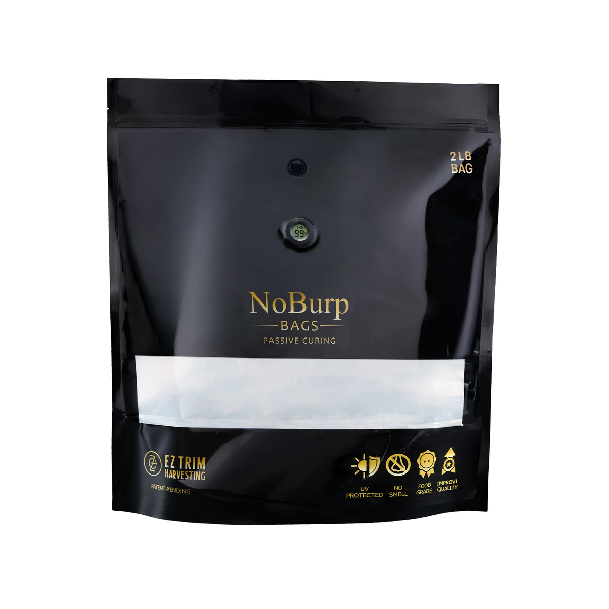 Black 2lb NoBurp Bags with gold lettering, featuring passive curing, humidity control, and quality certifications.