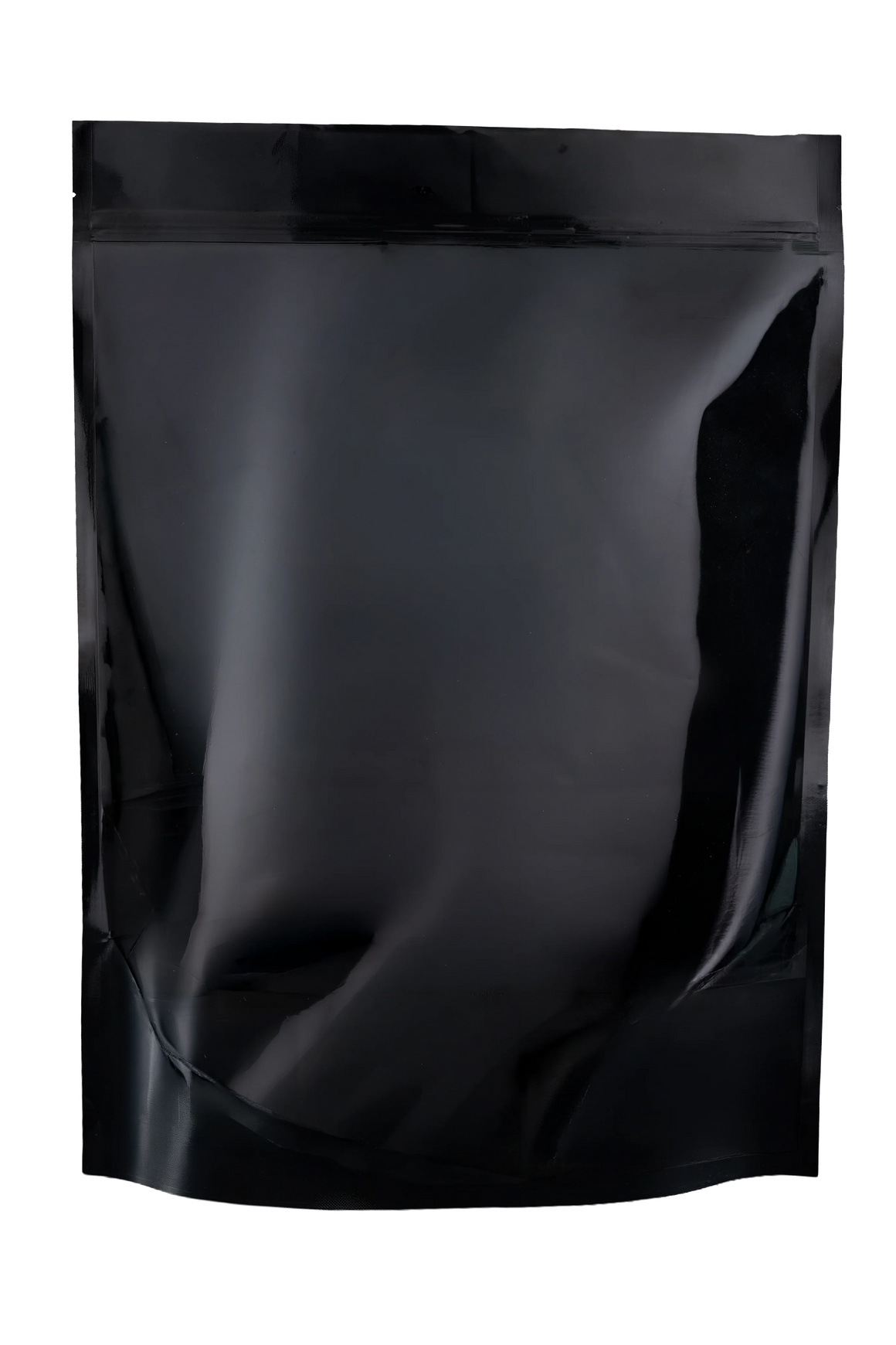 Black, resealable, empty pouch with embossed zipper closure and smooth, reflective surface.