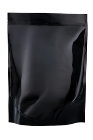 Black, resealable, empty pouch with embossed zipper closure and smooth, reflective surface.