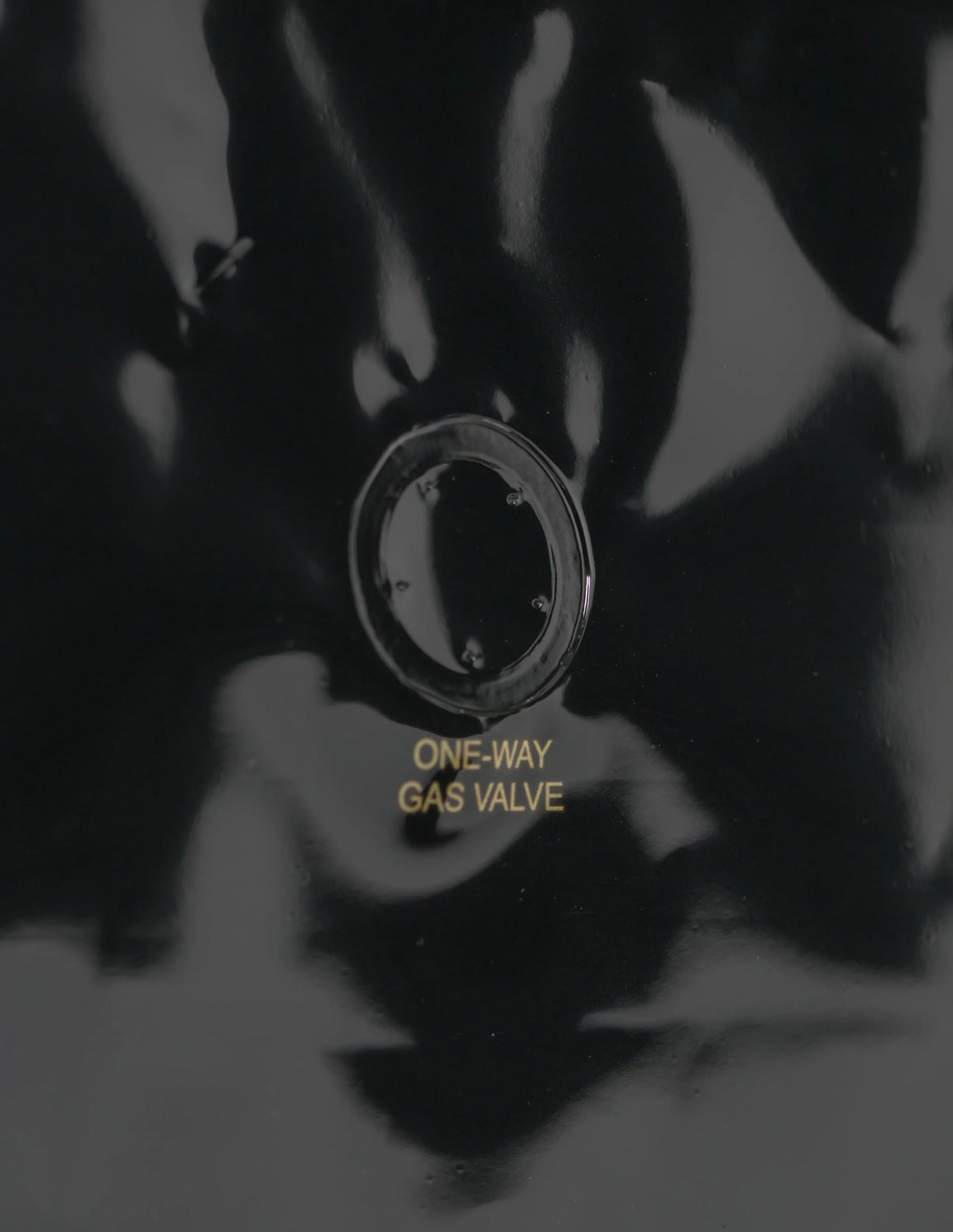 Black bag with gold "ONE-WAY GAS VALVE" text and a circular valve.