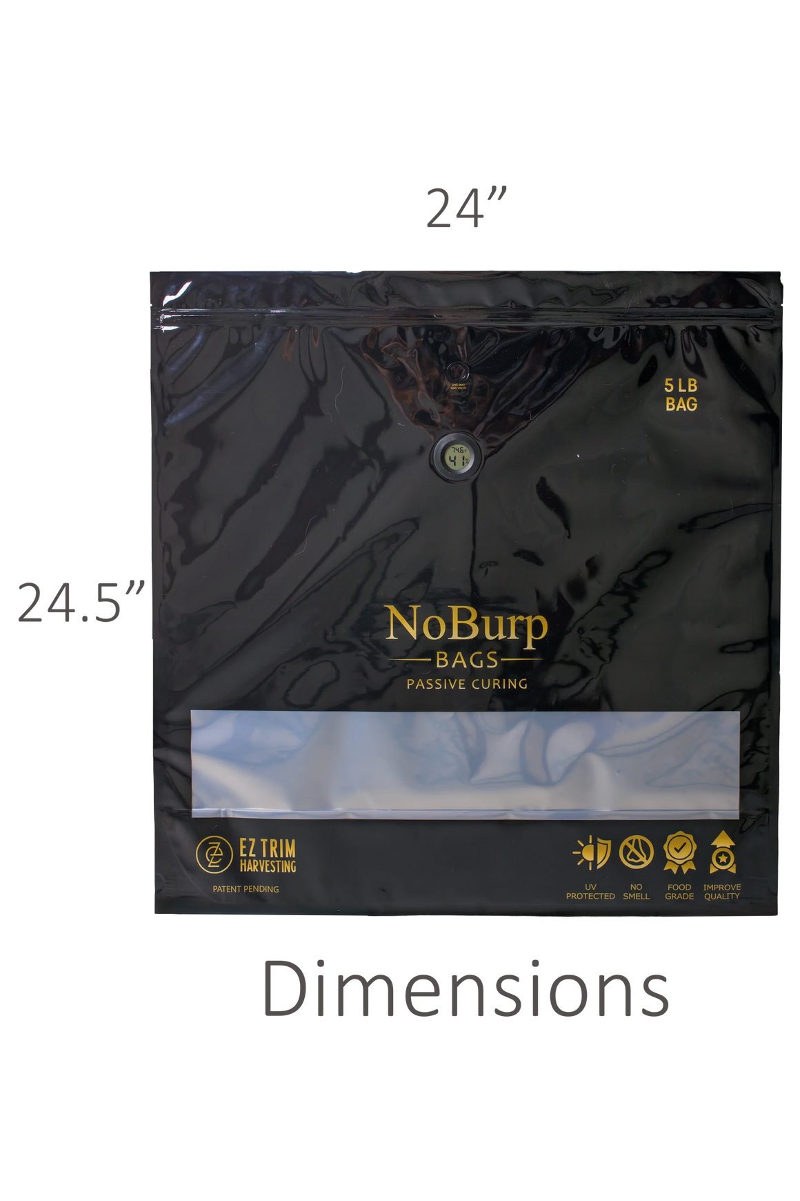 Black 5 lb NoBurp bag for passive curing, 24.5" x 24", with gas valve and temperature/humidity display.