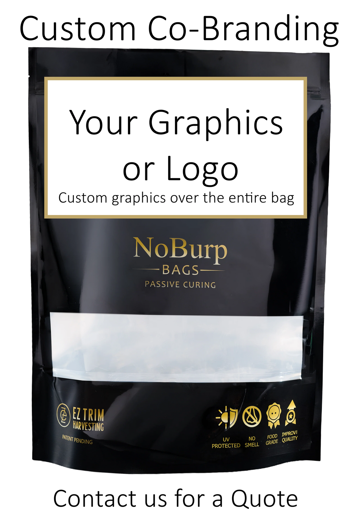 Black resealable bag for "NoBurp Bags - Passive Curing" with "EZ Trim Harvesting" logo and icons for UV protection, no smell, food grade, and improved quality.