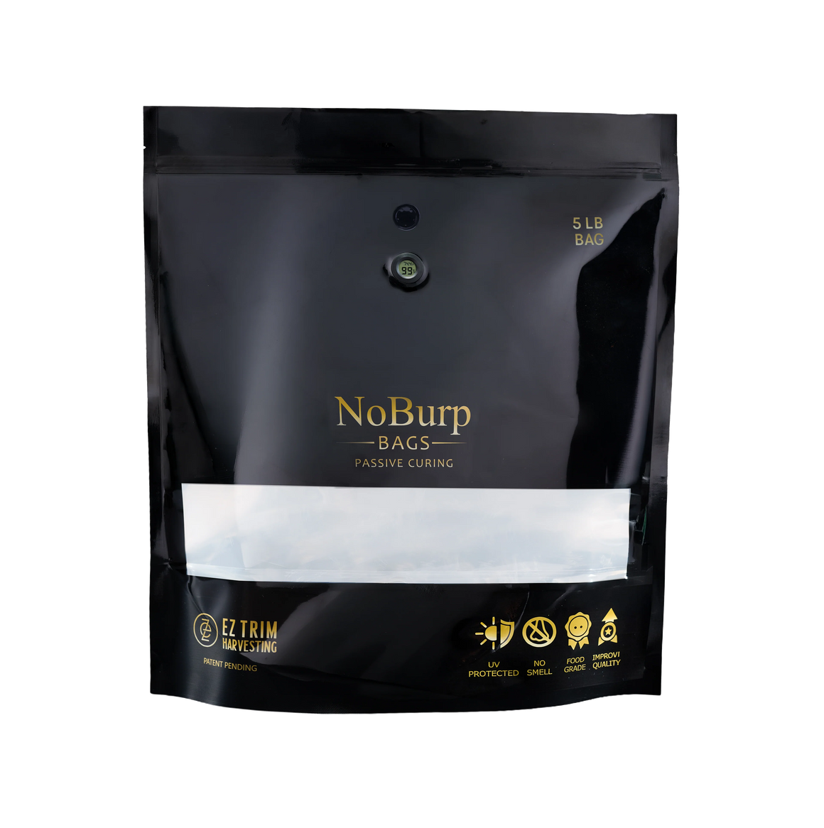 Black 5lb NoBurp Bags for passive curing with humidity sensor and product icons.