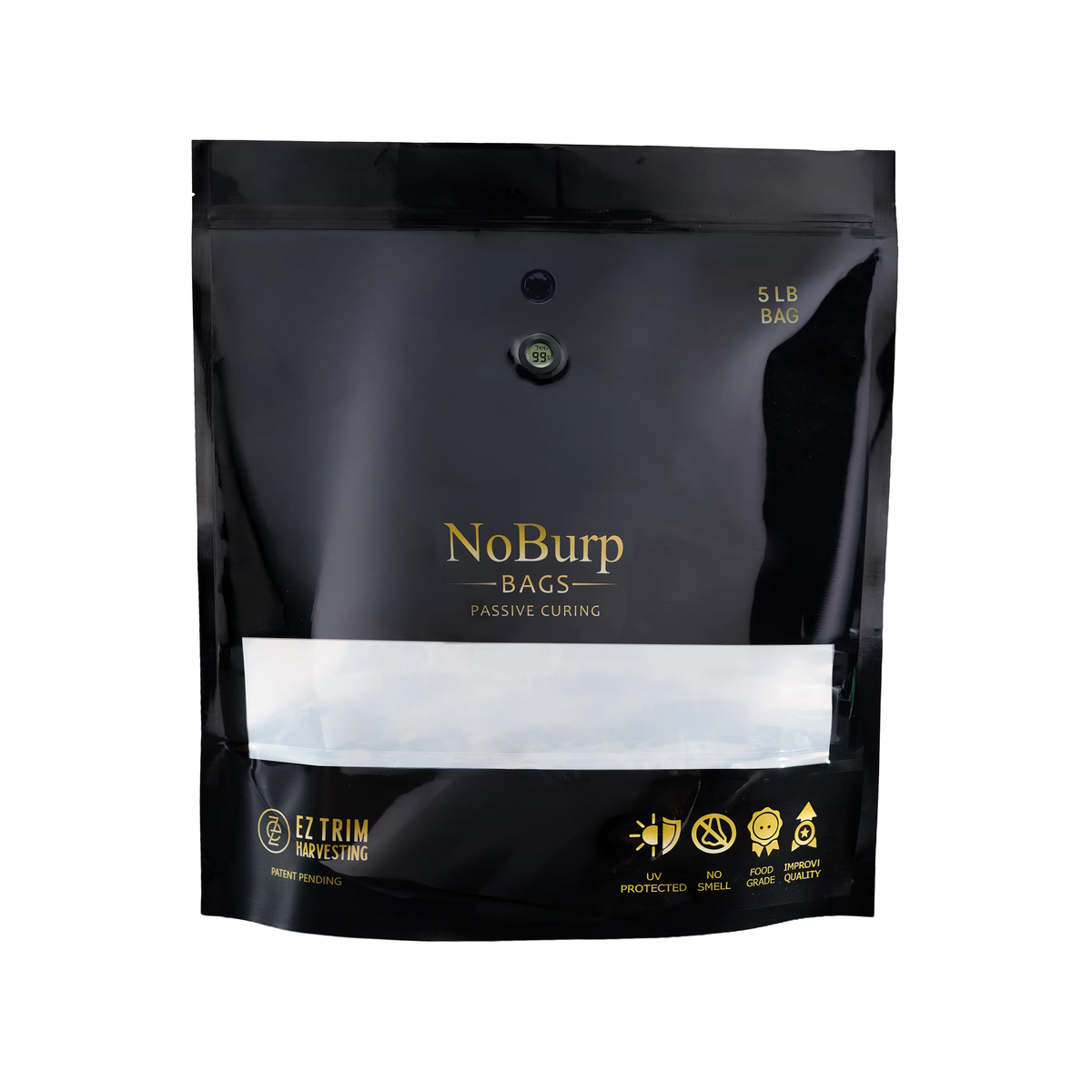 Black 5lb NoBurp Bags for passive curing with humidity sensor and product icons.