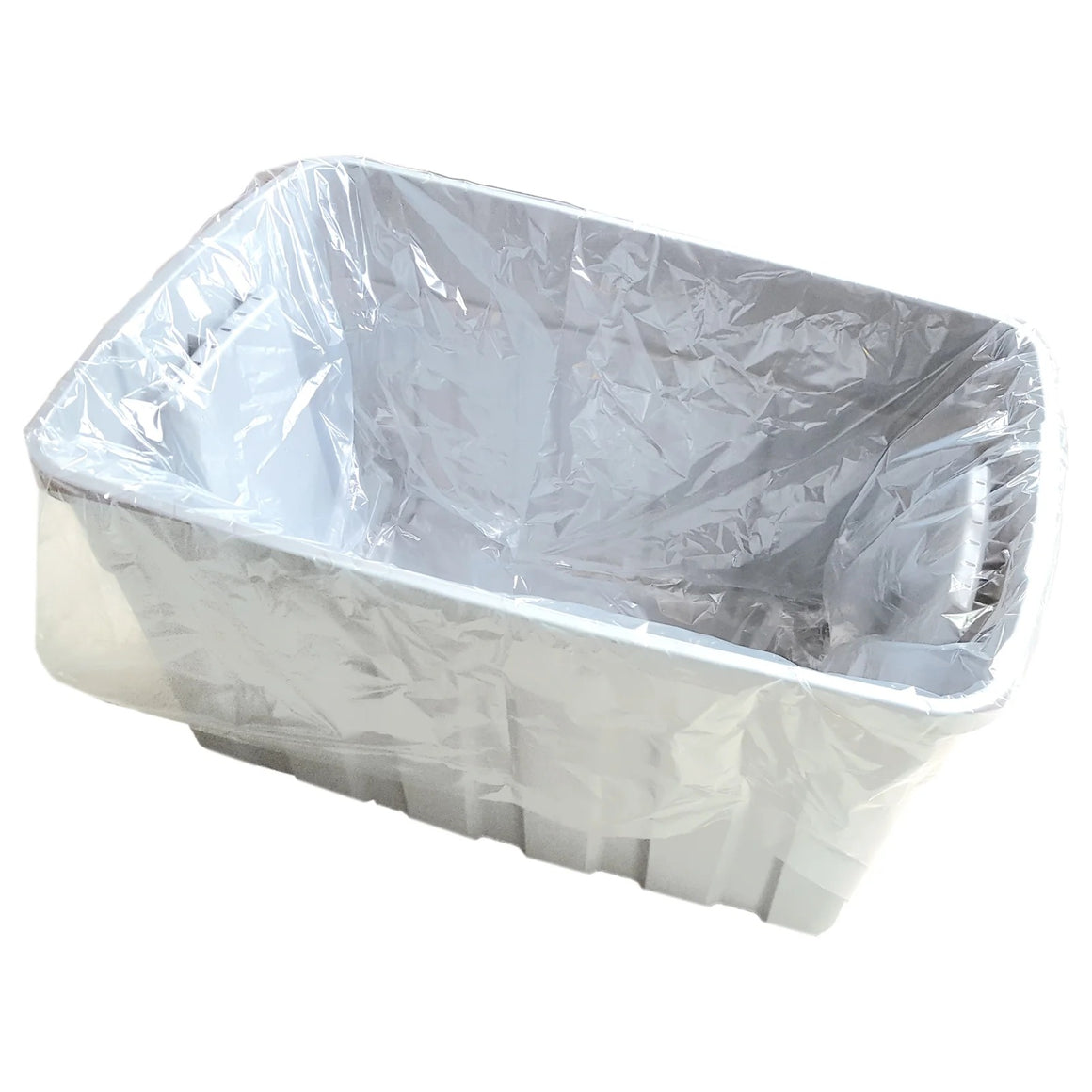White plastic tote bin with clear liner, 27-gallon size.
