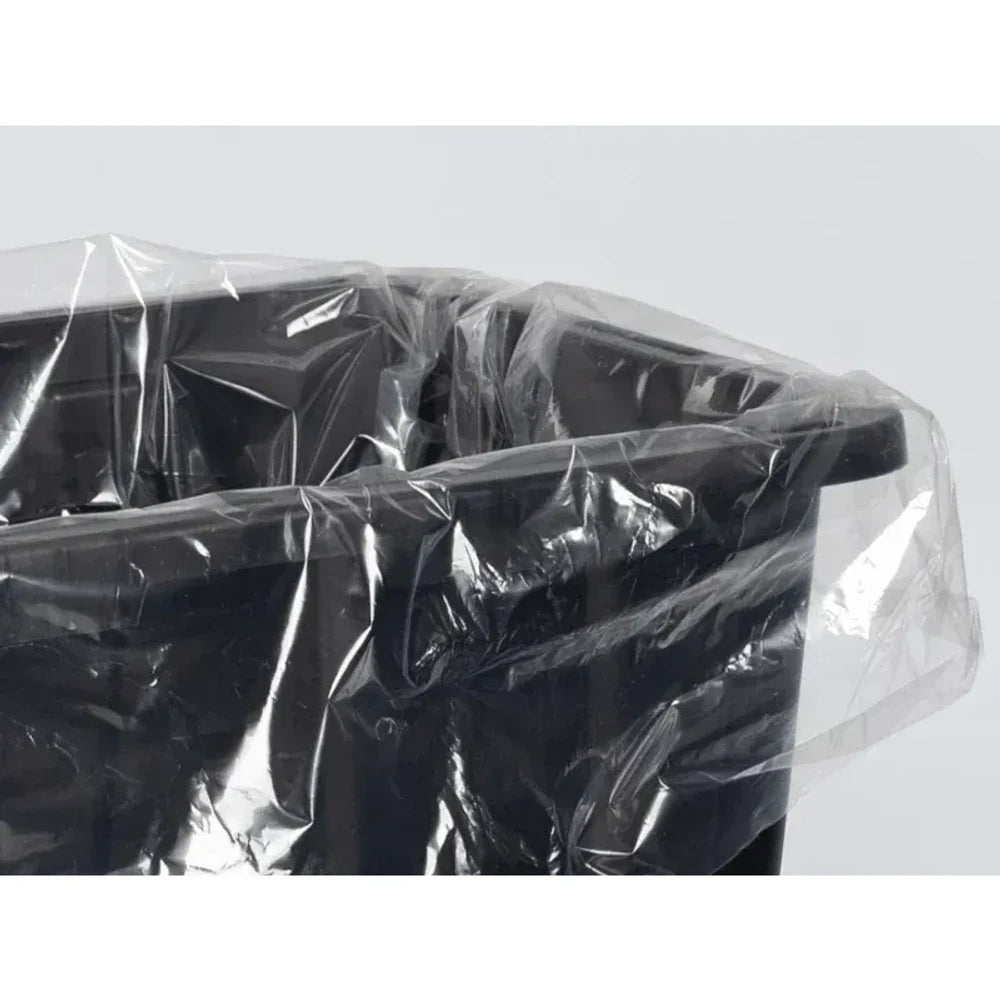 Clear plastic tote liner draped over the rim of a black 27-gallon tote.