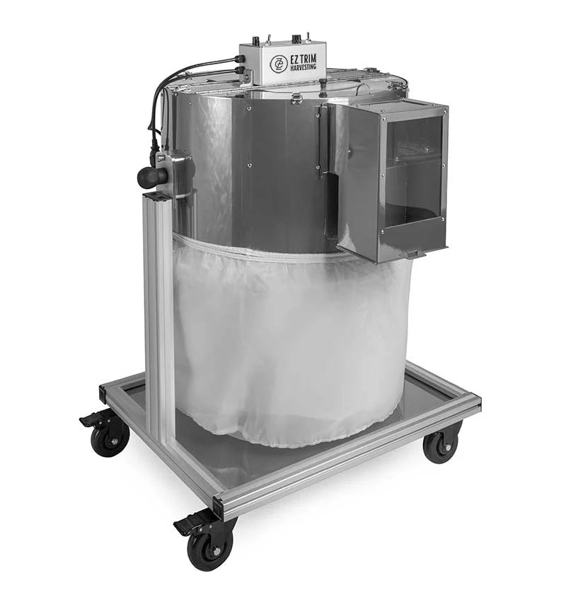 EZ Trim Satellite harvesting machine with a silver drum, collection bag, and wheels.
