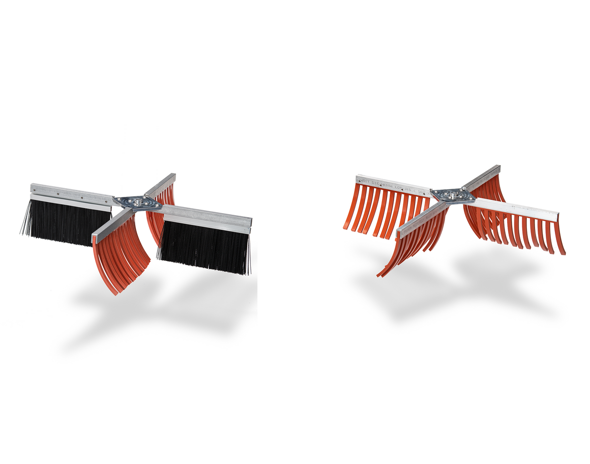 Two four-armed rotating brush heads for a bud trimmer: one with black bristles, the other with orange flexible tines.