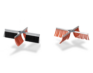Two four-armed rotating brush heads for a bud trimmer: one with black bristles, the other with orange flexible tines.