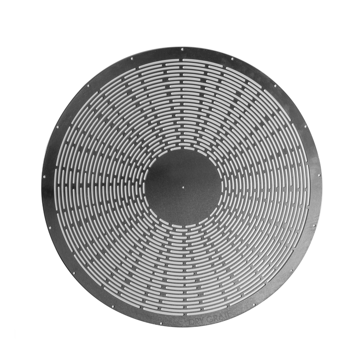 Round, silver dry grate with concentric white slots, featuring "DRY GRATE" text.