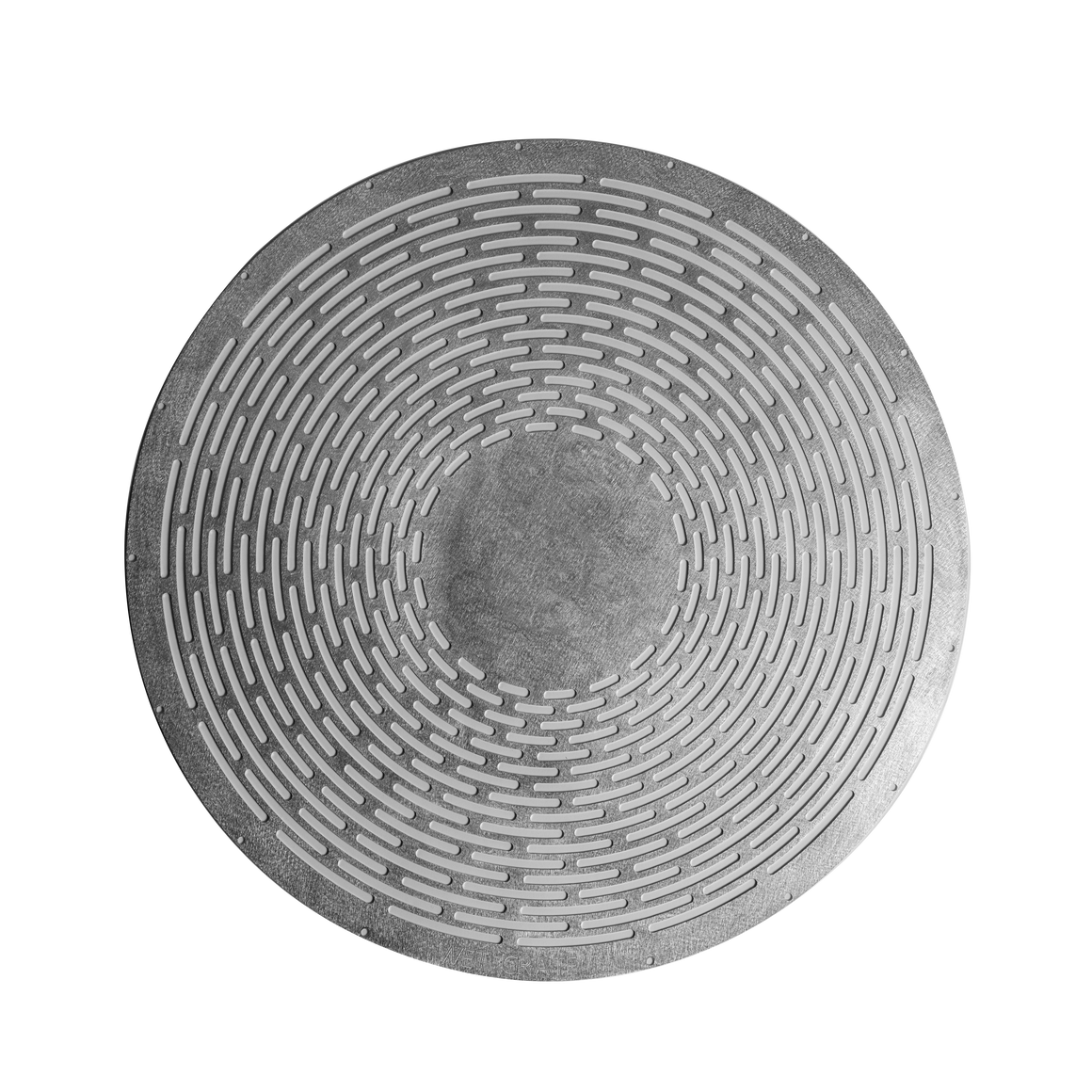 Circular metal grate with concentric grooves and small circular holes.