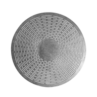 Circular metal grate with concentric grooves and small circular holes.