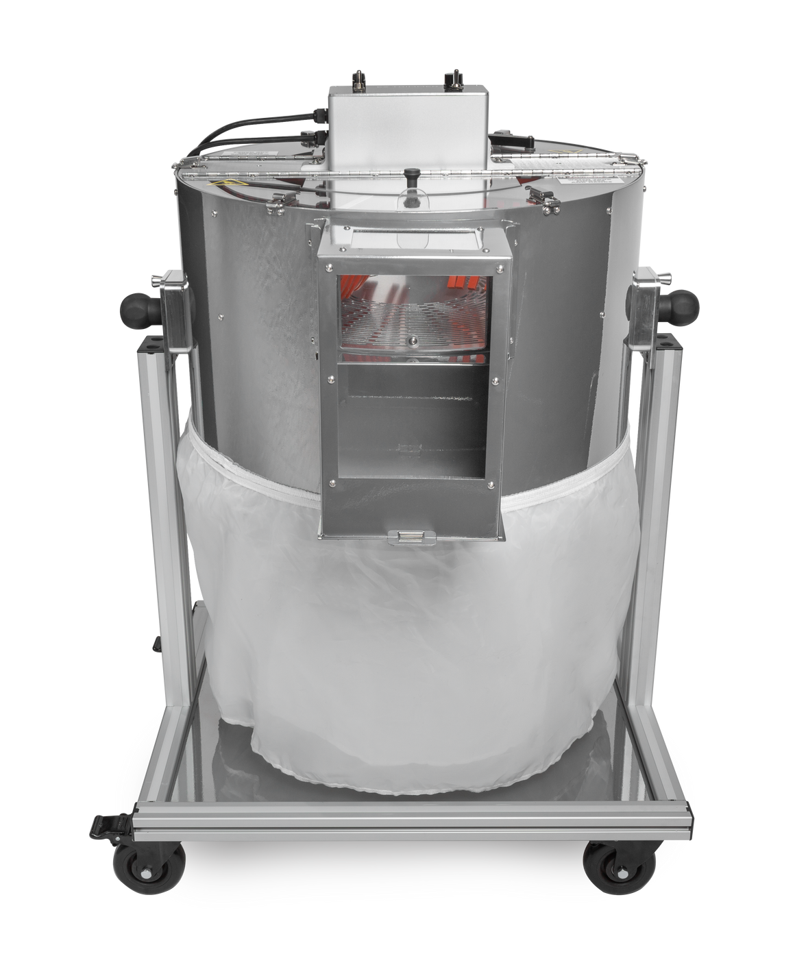 Bud trimmer on a mobile stand with a white skirt and a clear observation window.